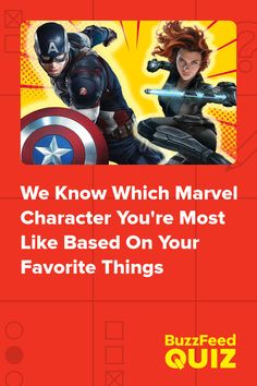 an advertisement for the movie captain america and black widow, with text that reads we know which marvel character you're most like based on your favorite things