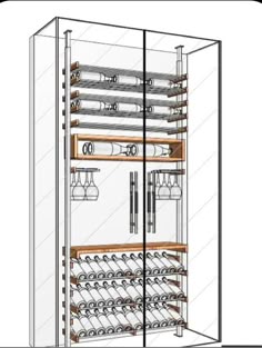 a drawing of a wine rack with many bottles and glasses on it's shelves