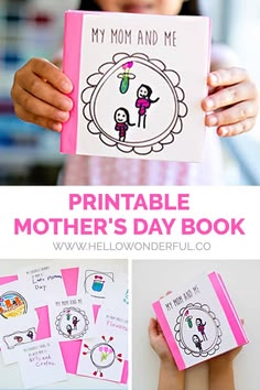 the mother's day book is shown with pictures of her and her child holding it