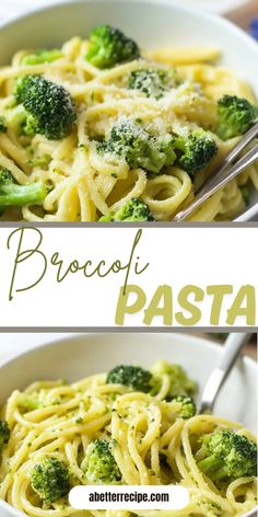 broccoli pasta in a white bowl with two pictures showing the same side by side