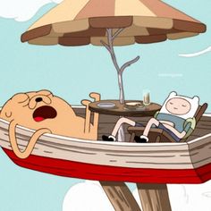 an image of finn and finn in a boat floating on the water with an umbrella