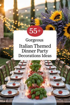 a table set up with plates and place settings for an italian themed dinner party that includes sunflowers