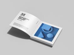 an open brochure with blue shapes on the front and back cover is shown