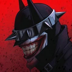 the joker is wearing a helmet with spikes on it's head and his mouth is open