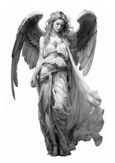 an angel with long hair and wings is shown in black and white, while the image shows