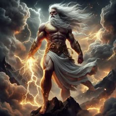 a man with long white hair and beard standing on top of a mountain surrounded by lightning