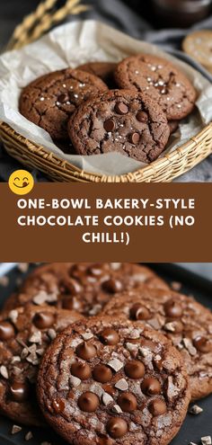 one bowl bakery style chocolate cookies no chilli on a plate and another photo with the same cookie