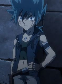 an anime character with blue hair standing in front of a brick wall and looking at the camera