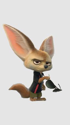 a cartoon animal with an umbrella in its hand and wearing a black outfit, standing on one leg