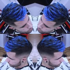 Blue Highlights Men Long Hair, Blue Tips Hair Men, Ninja Low Taper Fade Blue Hair, Blue Hair Color For Men, Blue Frosted Tips Men, Blue Hair Highlights Men, Blue Spiky Hair, Men Blue Hair Color, Blue Hair Dye For Boys