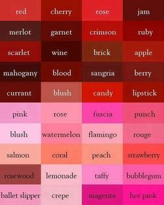 different shades of red, pink, orange and purple with the names in each color