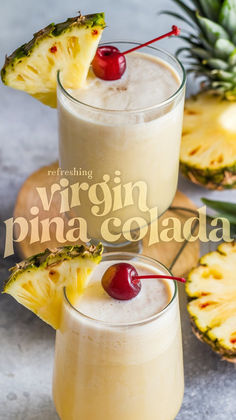 A glass filled with a creamy, frothy virgin piña colada, garnished with a pineapple wedge and a maraschino cherry.