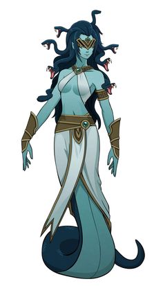 a drawing of a woman in blue and white dress with horns on her head, standing next