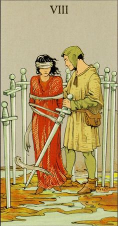 an image of a man and woman standing in front of a gate with swords on it