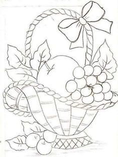 a drawing of a basket with apples and grapes in it, as well as a bow
