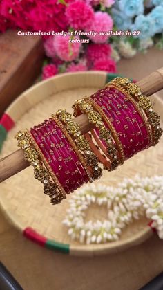 Beautiful Glass Bangles Collection From 'Maaya Creations' • South India Jewels Bangles Ideas, Chudiya Indian Bangles, Bangles Setting Ideas, Bangles Collection, Kundan Bangles Design, Pink Bangles Set, Jaipur Bangles, Ruby Jewelry Necklaces, Minimalist Accessories Jewellery