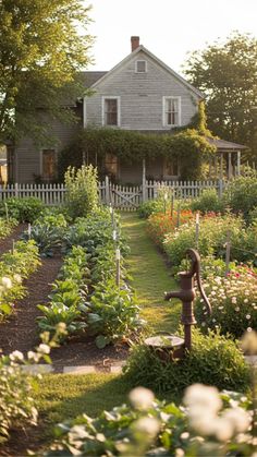 the garden is full of flowers and plants, including an old fashioned water spigot