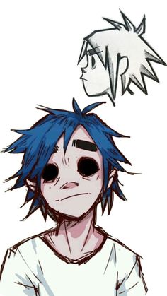 a drawing of a boy with blue hair and an expression bubble above his head that says,
