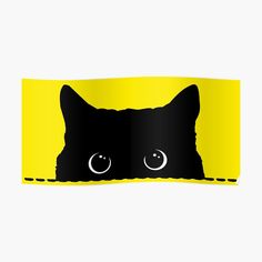 a black cat's face with two eyes on a yellow background, looking at the viewer