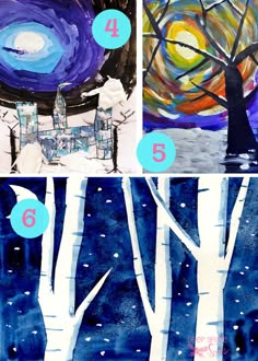 four different paintings with numbers on them in blue, white and purple colors are shown