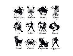 twelve zodiac signs in black and white, with the names of each zodiac animal species