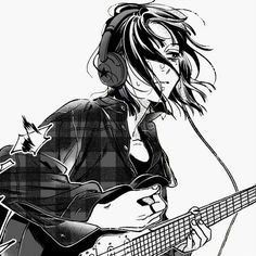 an anime character with headphones playing a guitar