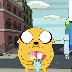the cartoon character is holding flowers in his hand and looking at something with big eyes