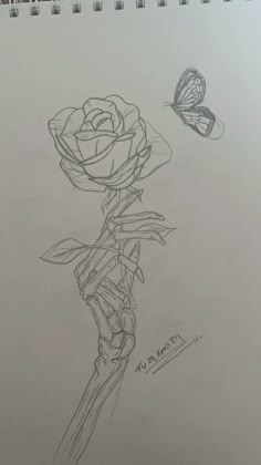 a pencil drawing of a rose and a butterfly