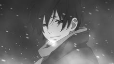 an anime character standing in the snow with his head tilted to the side and eyes closed