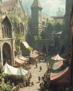 an old town with tents and people walking around