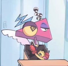 a cartoon character sitting at a desk with an umbrella over his head and lightning coming out of it