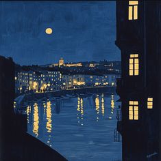 a painting of a city at night with the moon in the sky