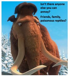 an ice age troll is looking at another troll in front of snow - covered trees