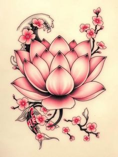 a drawing of a pink flower with leaves and flowers on it's back side