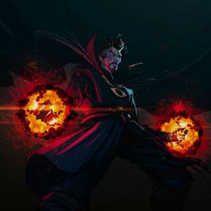 an animated character with red and yellow flames in his hands, standing on a dark background