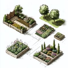 several different types of garden beds with trees and shrubs in them, including one for each planter