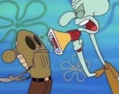 an animated cartoon character holding a megaphone and yelling into another person's ear