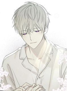 a man with white hair and blue eyes is holding his hands together in front of him