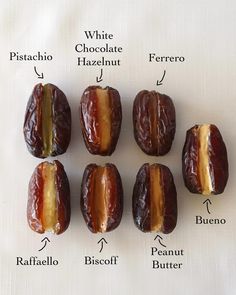 the different types of dates are labeled in this diagram, including white chocolate and hazelnuts