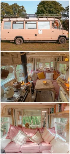 an rv is parked in the grass with pink pillows