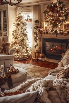 a living room filled with furniture and a christmas tree next to a fire place in front of a window
