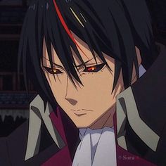 an anime character with black hair and red eyes