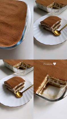 there is a cake that has been cut in half and placed on a plate with a spoon