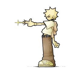 an image of a cartoon character pointing at something on the ground with his finger out