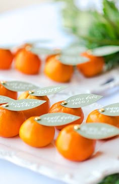 small oranges are arranged on a plate with silverware and flowers in the background