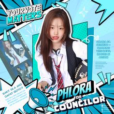 an advertisement for a young woman who is wearing a white shirt and black tie with blue background