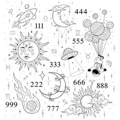 the numbers and symbols in this drawing are drawn by hand, with an image of planets