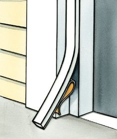 a drawing of a door opening to a window with the bottom half partially open, and part of the outside wall visible