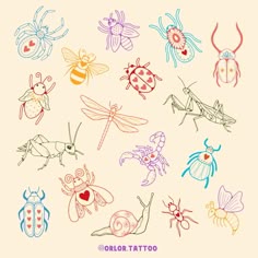 bug flash 🐜🕷️🐞🪲 I’ve decided to do two separate bug flash sheets as I had too many ideas and then you lovely lot gave me loads more ideas when I asked on my stories 😅 so keep your eyes pealed for the second sheet soon to come too! all available for handpoke, in black or colour. swipe along for colour samples! message or use my booking form to enquire. I always do deals when you book more than one design in a session. weekends and evenings available too :) @harmlesstattoo Braintree, Essex ... Cartoon Bugs, Doodle Bug Tattoo, Bugs Tattoo, Hand-drawn Bug Designs, Love Bug Art, Little Bug Tattoo, Cute Bug Tattoo, Bug Tattoo Ideas, Bug Tattoo Flash