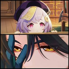 two anime characters with yellow eyes and purple hair, one is staring at the camera